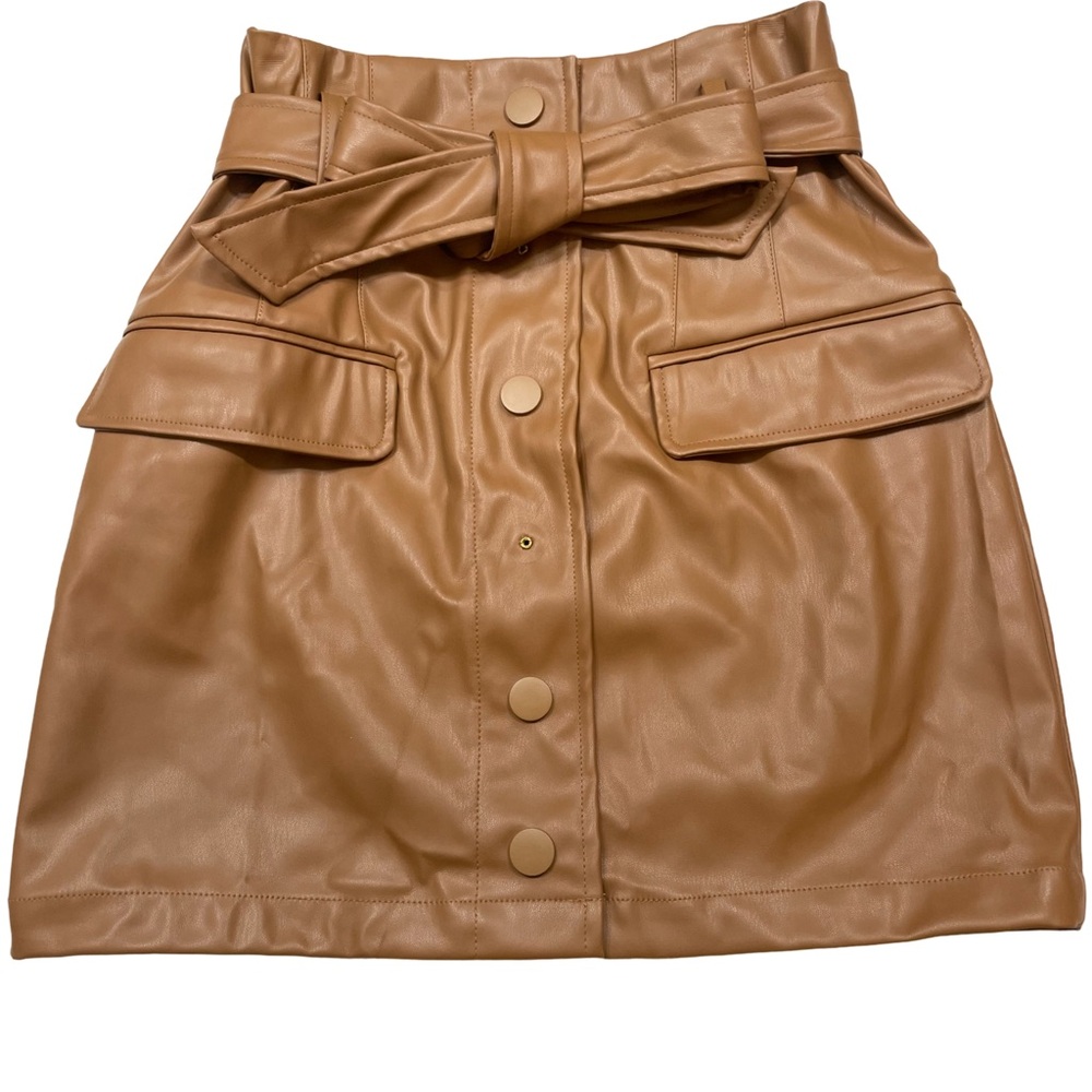 Tan Leather Skirt with Bow Detail